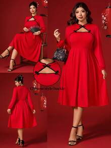 Elenzga Plus Size Women's Chinese Style Button Collar, Ruched A-Line Hem Solid Color Dress, December Edition - Red - View 3