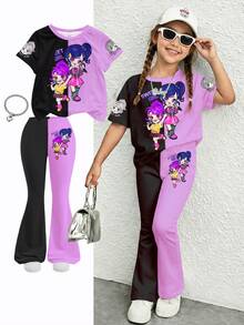SHEIN 2pcs/Set Purple Contrast Nighttime Black, K-Pop Cartoon Girl Outing, Star Print Pattern, Young Girl Casual Minimalist Cartoon Design Round Neck Short Sleeve Top And Flare Pants Outfit, Suitable For Summer Cute Summer Outfits For Outing, Summer Kids Items, Summer Outing Items, Korean Style, Homecoming, Easy Comfort, Stylish Kids, Spring & Summer Outfits For Outing, Casual Wear, Baby & Kids Graphic Tops, Summer New Style, Spring & Summer Fashion