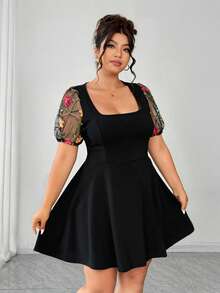 Elenzga Plus Size Women Solid Color Knit Patchwork Mesh Crew Neck Puff Sleeve Waist Cinched Elegant Dress - Black - View 7
