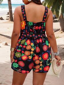 SHEIN PETITE CURVE Plus Size Women Random Print Casual Jumpsuit, Suitable For Summer Wear - Multicolor - View 2