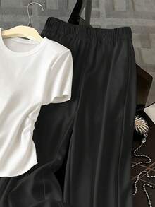 Resyla 两件套女士夏季休闲纯色腰部褶皱T恤和裤子套装 - 彩色 - 查看 3