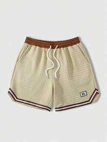 ROMWE MEN 男士休闲纹理抽绳口袋短裤 - 杏色 - 查看 1