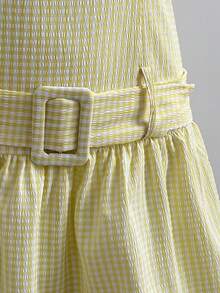 Elamini Women's Yellow Plaid Sleeveless Round Neck Fitted A-Line Short Dress With Belt, Fashion Versatile Basic Casual Street School Style, Spring/Summer Back To School Season - Yellow - View 5