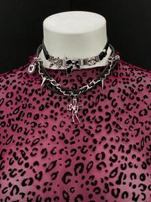 EgrlEra Women's Sexy Sheer Party Flocked Leopard Print Ruffle Trim Black Long Sleeve Top (Random Cut) - Multicolor - View 4