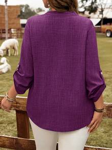 EMERY ROSE Plus Size Solid Color Notched Collar Casual Rolled Sleeve Shirt V Neck Blouses For Women Purple Blouse Women Plus Size Casual Tops - Purple - View 2