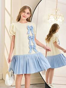 1 Pezzo Vestito Vintage Morbido e Carino per Ragazze Primavera/Estate, Collo Equipaggio Bianco con Maniche a Palloncino e Maniche Corte, Caratteristiche Fiocchi Tridimensionali, Vestito Plissettato Lunghezza Ginocchio, Perfetto per Uso Quotidiano, Scuola e Uscite delle Ragazze - Albicocca - Visualizzare 1