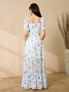 Vestido formal de gasa floral azul para adolescentes - Vestido maxi con cuello cuadrado, mangas abullonadas, abertura alta y volantes (Vestido de noche elegante para adolescentes) - Azul - Ver 2