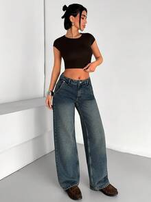 EURMUSE Low Waist Slanted Pocket Loose Straight Leg Denim Jean - Medium Wash - View 5