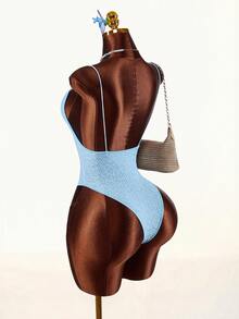 Amplova Rhinestone Glitter Backless Sexy Bodysuit For Party - Blue - View 7