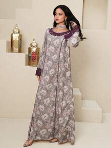 Al Najma Women's Floral Print Rhinestone Decor Round Neck Long Sleeve Elegant Arabic Style Maxi Dress - Multicolor - View 5