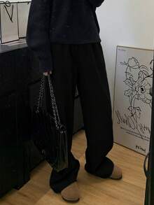 SHEIN 女士黑色弹力腰褶皱口袋宽松休闲直筒裤 - 黑色 - 查看 5