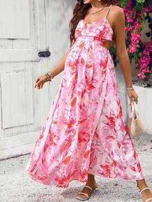 SHEIN Maternity Summer Vacation Floral Print Backless Tie-Front High Slit Hem Cami Dress - Pink - View 3