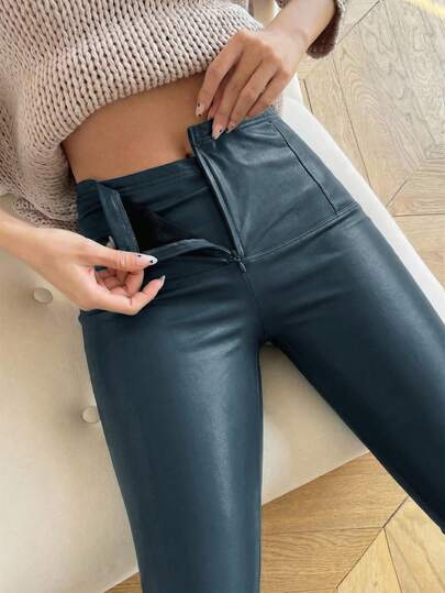 Firerie Pantalones ajustados de cuero sintético y forro polar de cintura media, con cremallera para levantar el trasero, de estilo sencillo y elegante, versátil para uso diario, casual y de oficina, adecuados para otoño/invierno, aeropuerto, maestros y oficina.