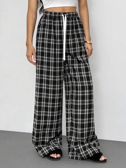 SHEIN Tall Women's Casual Simple Plaid Drawstring Loose Pants, Suitable For Autumn And Winter Suitable For Going Out