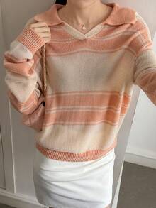 DAZY Striped Collared Cropped Loose V-Neck Sweater For Women - Coral Orange - View 8