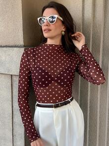 Solivie Women's Polka Dot Print Sheer Mesh Blouse, Suitable For Party, New Year, Christmas Polka Dot Long Sleeve Fitted Long Sleeve - Brown - View 3
