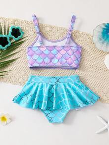 SHEIN 2pcs/Set Cute Mermaid Scale & Bow Decor Young Girl Swimsuit Set, Suitable For Beach Vacation