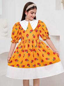 SHEIN Tween Girl Woven Floral Colorblock Beaded Doll Collar Puff Sleeve Cinched Waist Mid-Length Dress, Suitable For Travel, Vacation, Countryside Style, Casual Resort, Boho, Matching Sister & Daughter, Yellow Dress, Kids Dresses Puff Sleeve, Girls Matching Dresses, Girls Puff Sleeve Dress - Yellow - View 7