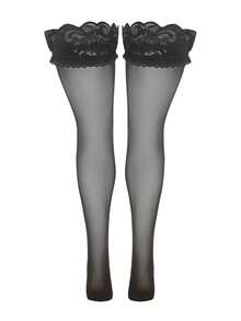 Plus Size Women Contrast Lace Sexy Lingerie Set (1 Pair Stockings) - Black - View 4
