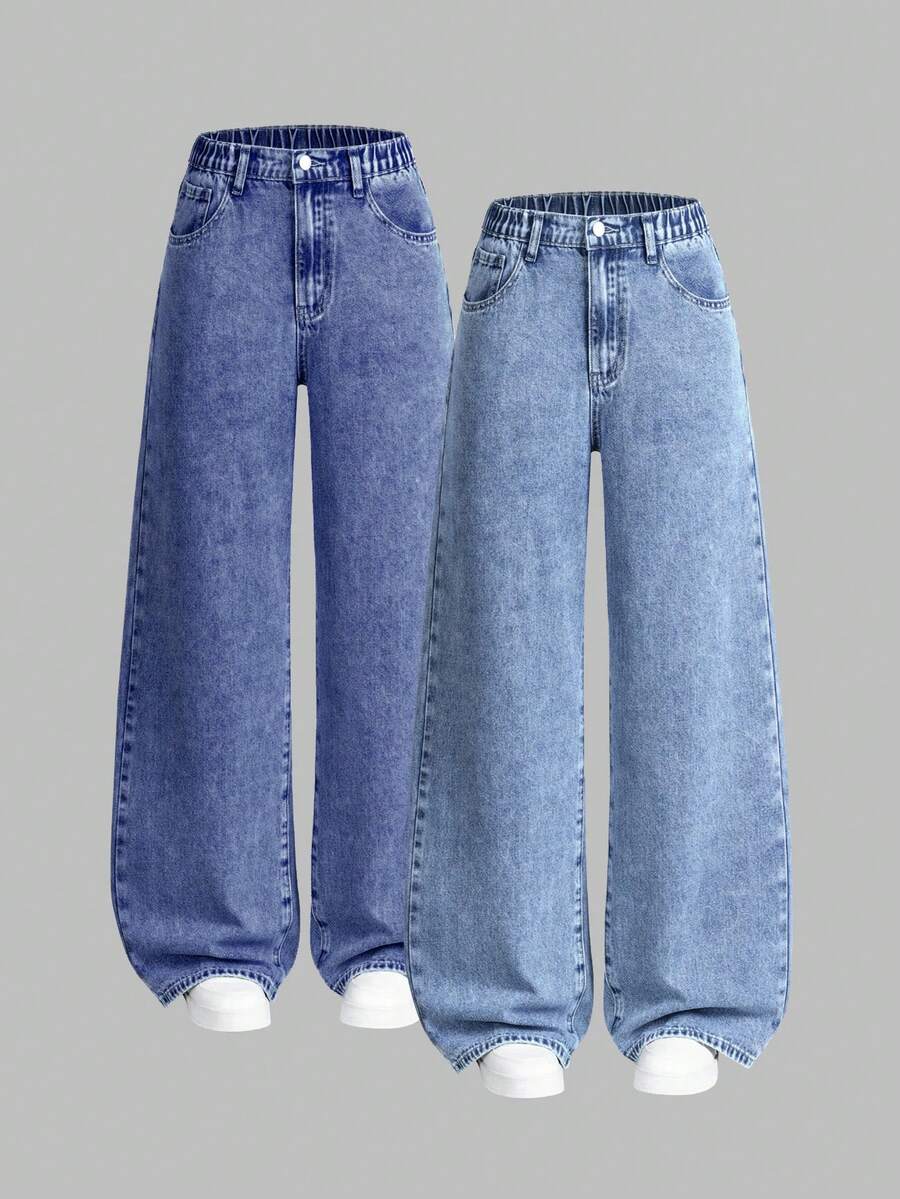 2pcs/Set Teen Girl Loose Straight Leg Relaxed Fit Casual Blue Jeans,Winter Streetwear Graduation Back-To-School,Flattering&Snug Fit,Versatile Daily - Multicolor - View 1