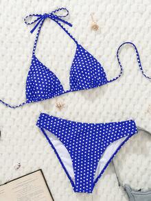 Swim Mod Women's Blue Base White Dot Print New Sexy Halter Low Waist Triangle Bikini Set, Summer - Blue - View 1