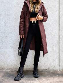Aveloria Modichic Women's Solid Color Long Sleeve Zip Front Drawstring Hooded Casual Winter Jacket - Coffee Brown - View 7