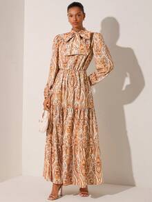 Lilora 女士印花系带灯笼袖层叠荷叶边连衣裙，优雅度假之选 - 彩色 - 查看 3