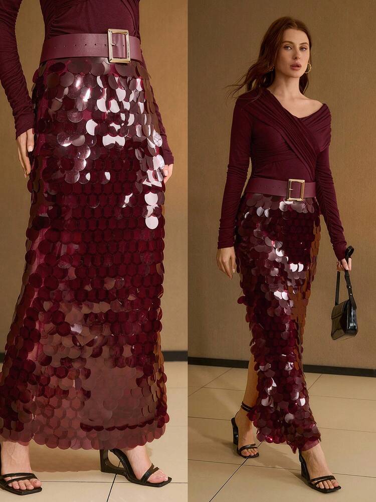 WOMEN'S SEQUIN EMBELLISHED SLIT HEM SKIRT, SUITABLE FOR DATES AND PARTIES
