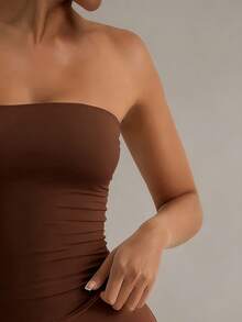 Rovax New Khaki Basic Fashion Set, Bandeau Top And Bodycon Mini Skirt 2 Pieces Set For Women - Coffee Brown - View 3