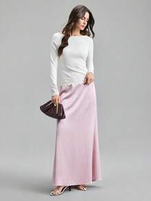 Ontre 2026 New Early Spring Pink Crinkle Satin Elastic Waist Women's Skirt, Suitable For Modern Urban Party, Back To School Season, Wedding, Urban Minimalist Casual Daily Wear, Bohemian Style, Vacation, Festival, Spring - Pink - View 3