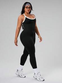 SHEIN Rhythm Era 大码女式黑色露背连体裤，适合跑步、瑜伽、健身、户外运动。