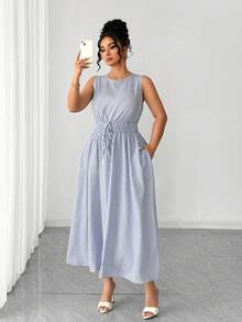 Elenzga 大码女式优雅休闲通勤度假无袖系带条纹中长连衣裙，春夏款 - 彩色 - 查看 6