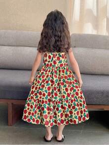 Elladie kids Genkimix Girls Elegant Floral Print Bow Decor Spaghetti Strap Mid-Calf Dress, Comfortable & Fashionable For Summer - Yellow - View 2