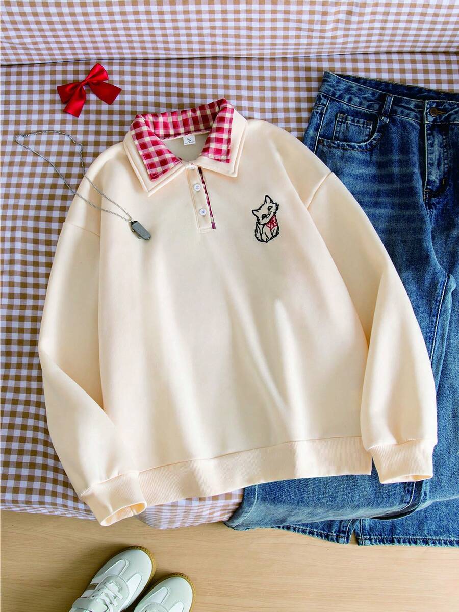 Teen Girl Casual Plaid Collar Cat Embroidery Sweatshirt, Autumn/Winter - Apricot - View 1