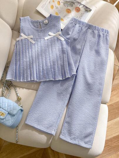 Elladie kids 女童时尚蓝白条纹蝴蝶结装饰褶皱无袖上衣搭配宽松直筒裤套装，休闲春夏装