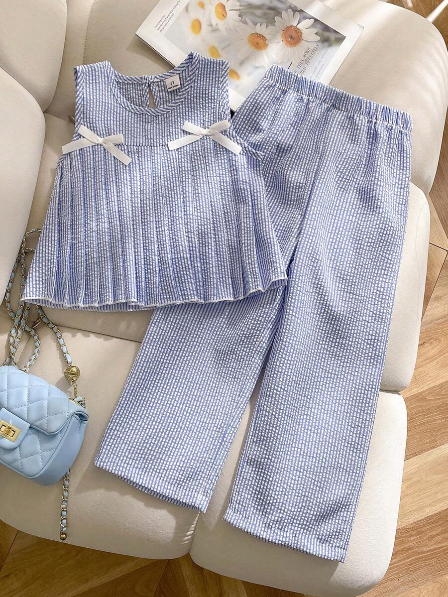 Elladie kids 女童时尚蓝白条纹蝴蝶结装饰褶皱无袖上衣搭配宽松直筒裤套装，休闲春夏装 - 藍色 - 查看 1
