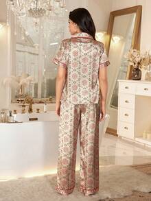 SHEIN Faux Silk Geometric Print Lapel Short Sleeve Pajama Set - Multicolor - View 2