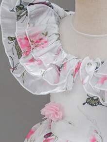 Glamorique Kids 4-Season Girls' Flower Girl Wedding Flower Girl Dress, White Base With Pink Floral Butterfly Print, Mesh Flared Sleeves, Tulle Skirt With 3D Floral - Pink - View 4