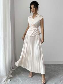 Gloray Sommer Neuer Eleganter V-Ausschnitt Rüschen Wickel Binden Damen Bluse Rüschen Kragen Bindeband Ärmellos Top + Plissee A-Linie Rock 2-teiliges Set, Apricot, Popeline Stoff, Business Lady Anzug, Hochzeitsgast Outfit für Frauen - Aprikosenfarben - Übersicht 6