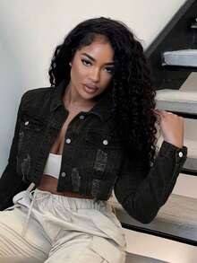 Alexandranx Women's Fringe Single-Breasted Thermal Lined Cropped Casual Denim Jacket, Autumn/Winter Women's Winter Jacket - Black - View 6