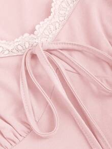 Sweetra Spetspatchwork Twist Sweetheart Neck Figurnära Trendig Kortärmad T-shirt - Babyrosa - Visa 3