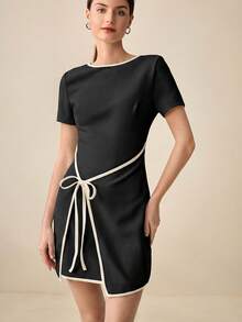 BizChic 春夏新款黑色纹理针织白色撞色滚边系带蝴蝶结连衣裙，优雅通勤装扮 - 黑色 - 查看 7