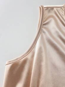 Franclia 女士优雅简约V领无袖收腰修身香槟色缎面长款连衣裙，春夏款 - 香檳色 - 查看 7