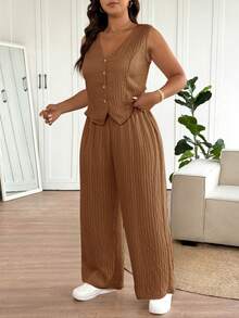 SHEIN Frenchy 大码女式西装背心设计休闲裤套装 - 棕色 - 查看 3