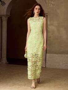 MOTF PREMIUM WOMEN'S FLORAL LACE LONG FITTED DRESS - Green - View 6