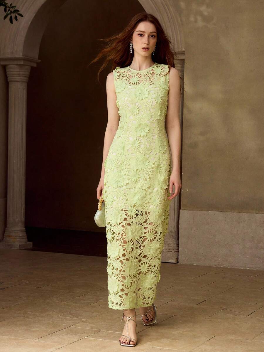 MOTF PREMIUM 女士花卉蕾丝长款修身连衣裙 - 綠色 - 查看 1