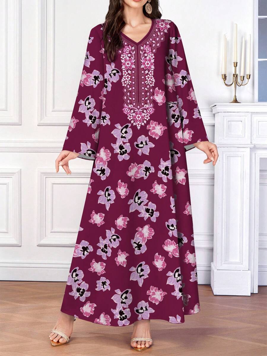Al Najma 女士花卉图案数码复古印花V领长袖优雅阿拉伯风格长款连衣裙，春夏款 - 彩色 - 查看 1
