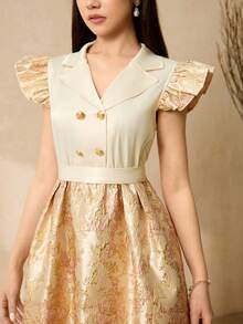 Vestido elegante para adolescentes com patchwork jacquard e barra com babados, primavera/verão. - Damasco - Ver 6