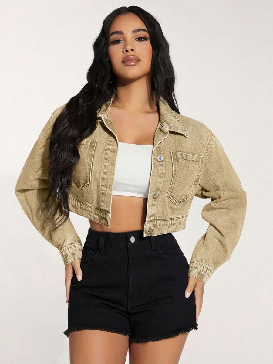 SHEIN PETITE Casual Vintage Washed Cropped Denim Jacket - Camel - View 1