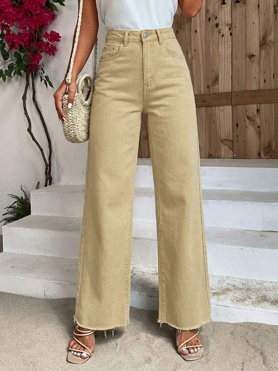 Breezaya Celana Jeans Kasual Potongan Lurus Pinggang Tinggi dengan Lubang Sabuk - Unta - View 1